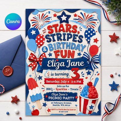 4th of July Invitation, Firecracker Invitation, Stars and stripe first birthday Invite, Stars Stripes Firecracker First 1st, Canva Template __etsy:8070599490