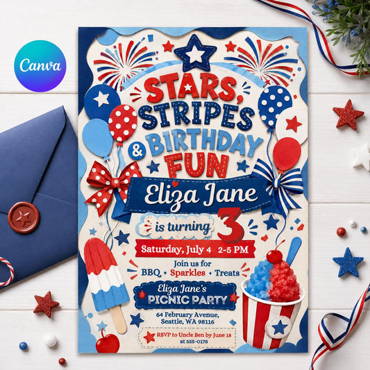 4th of July Invitation, Firecracker Invitation, Stars and stripe first birthday Invite, Stars Stripes Firecracker First 1st, Canva Template __etsy:8070599490