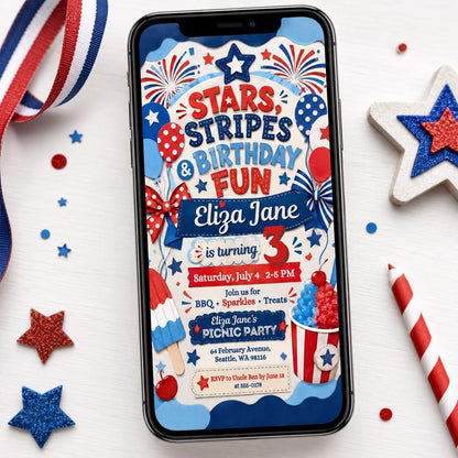 4th of July Invitation, Firecracker Invitation, Stars and stripe first birthday Invite, Stars Stripes Firecracker First 1st, Canva Template __etsy:8070599426