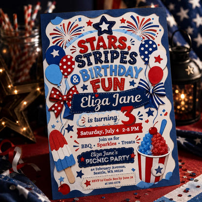 4th of July Invitation, Firecracker Invitation, Stars and stripe first birthday Invite, Stars Stripes Firecracker First 1st, Canva Template __etsy:8070599504
