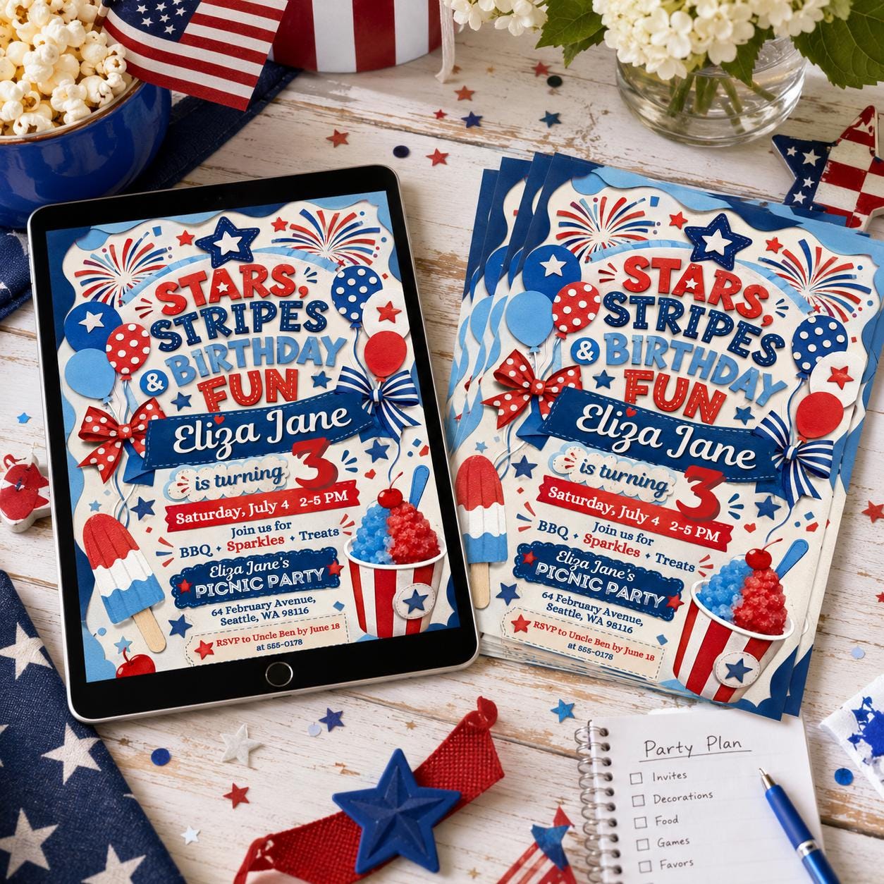 4th of July Invitation, Firecracker Invitation, Stars and stripe first birthday Invite, Stars Stripes Firecracker First 1st, Canva Template __etsy:8070599514
