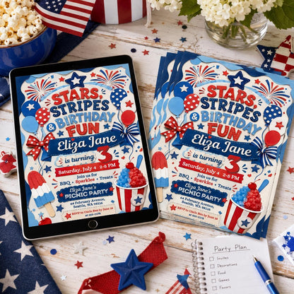 4th of July Invitation, Firecracker Invitation, Stars and stripe first birthday Invite, Stars Stripes Firecracker First 1st, Canva Template __etsy:8070599514