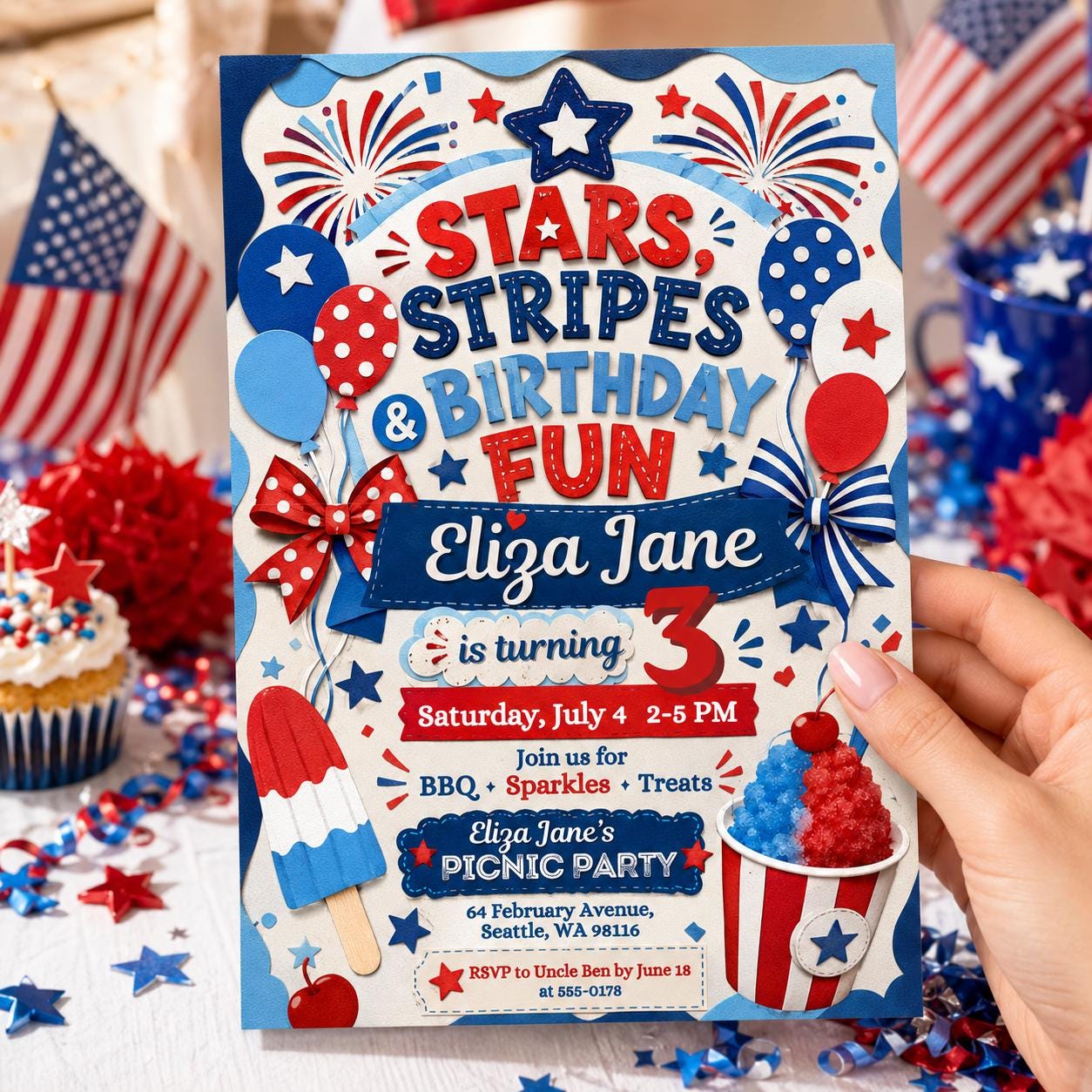 4th of July Invitation, Firecracker Invitation, Stars and stripe first birthday Invite, Stars Stripes Firecracker First 1st, Canva Template __etsy:8118519763