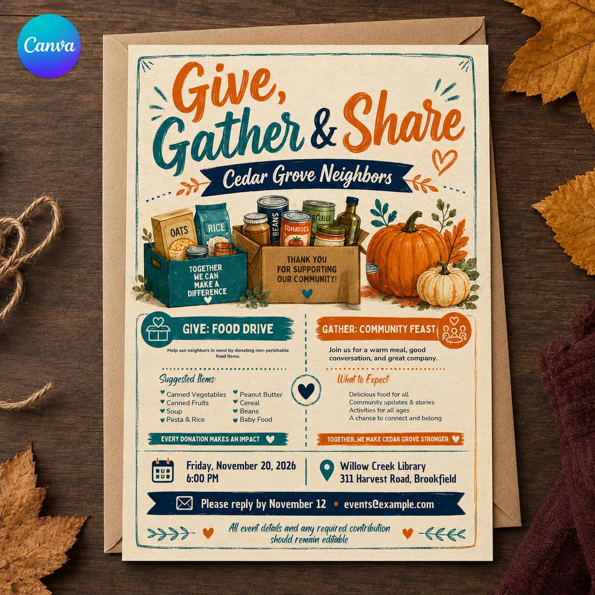 Thanksgiving Food Drive Flyer — editable Canva template