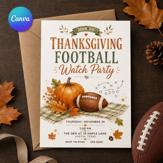 Thanksgiving Football Watch Party Invitation — editable Canva template