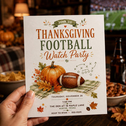 Thanksgiving Football Watch Party Invitation — print-ready Thanksgiving gathering design from VoltBy