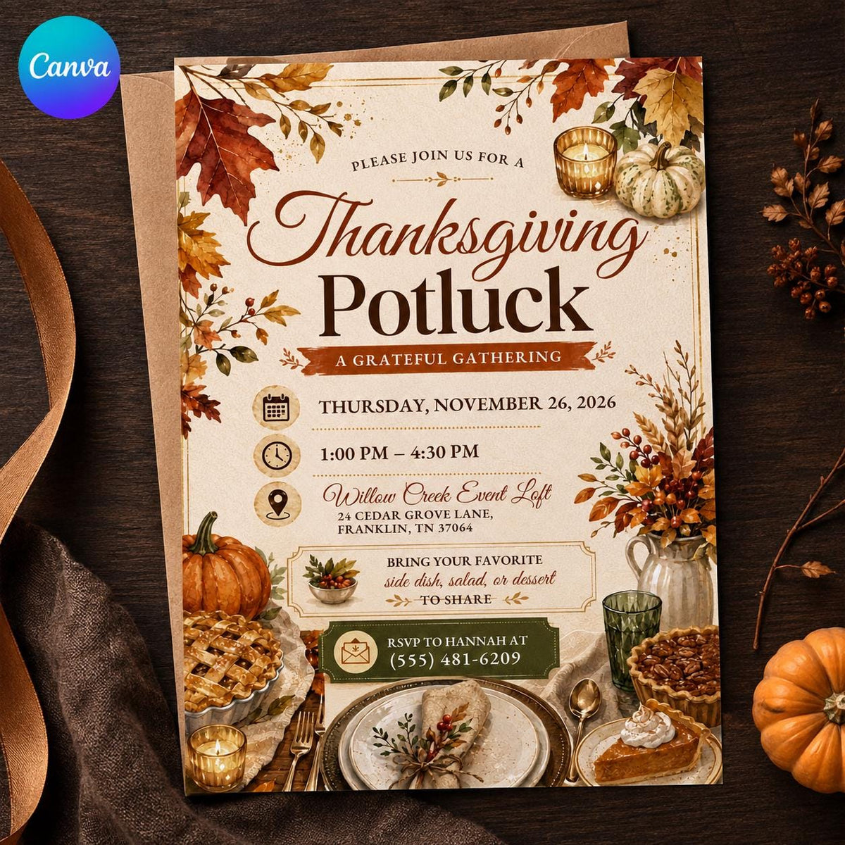 Thanksgiving Potluck Invitation: Autumn Dinner Party Flyer — editable Canva template