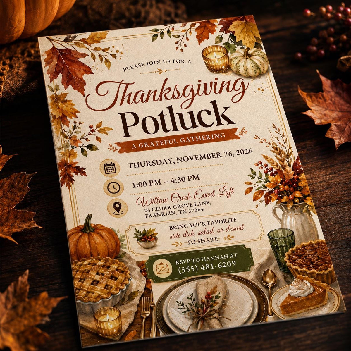 Thanksgiving Potluck Invitation: Autumn Dinner Party Flyer — print-ready Thanksgiving gathering design from VoltBy