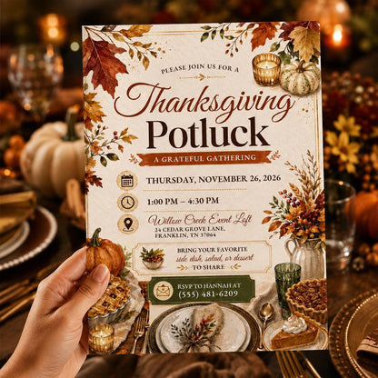 Thanksgiving Potluck Invitation: Autumn Dinner Party Flyer — Thanksgiving gathering stationery by VoltBy