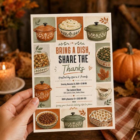 Thanksgiving Potluck Invitation: Bring a Dish Share the Thanks — editable Canva template