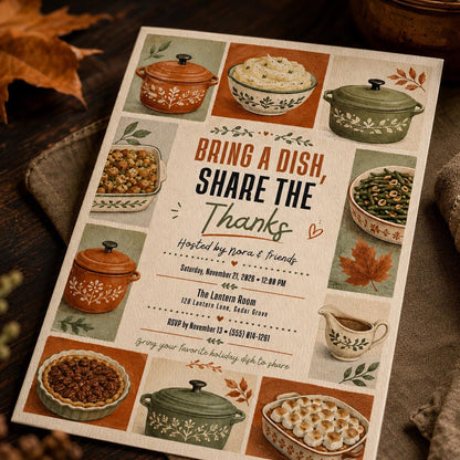 Thanksgiving Potluck Invitation: Bring a Dish Share the Thanks — invitation you personalize in Canva