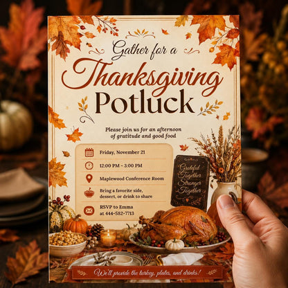 Thanksgiving Potluck Invitation: Friendsgiving Dinner — print-ready Thanksgiving gathering design from VoltBy