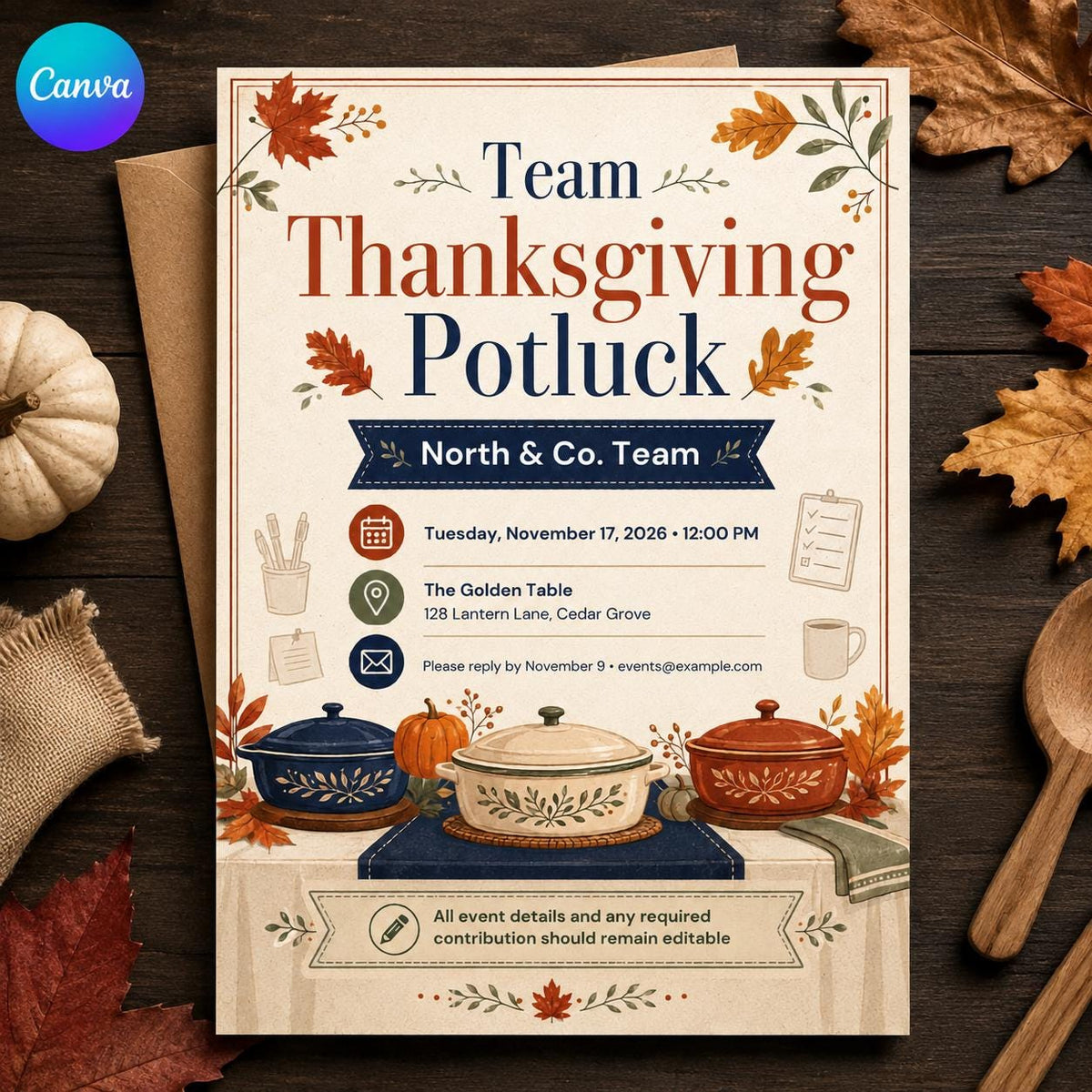 Thanksgiving Potluck Invitation: Office Team Lunch Flyer — editable Canva template