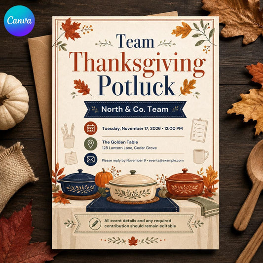 Thanksgiving Potluck Invitation: Office Team Lunch Flyer — editable Canva template