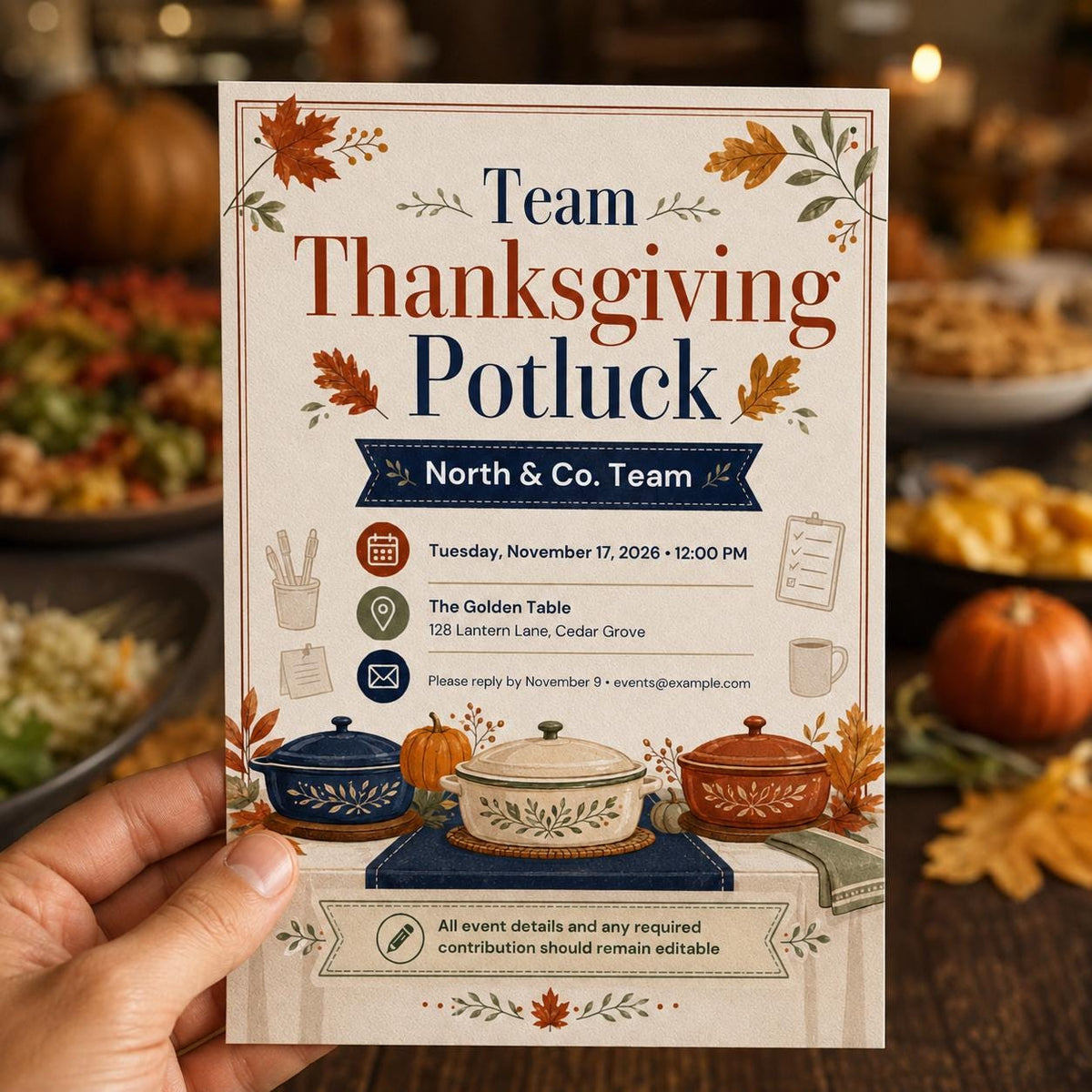 Thanksgiving Potluck Invitation: Office Team Lunch Flyer — print-ready Thanksgiving gathering design from VoltBy