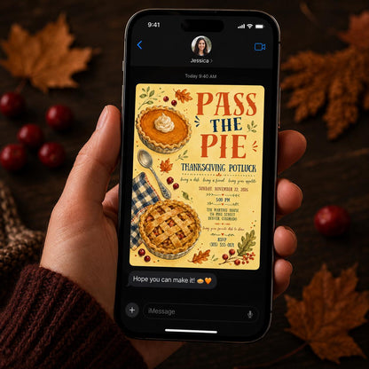 Thanksgiving Potluck Invitation: Pass the Pie Friendsgiving Dinner — invitation you personalize in Canva