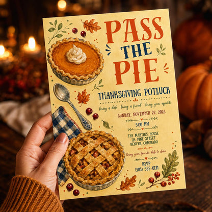 Thanksgiving Potluck Invitation: Pass the Pie Friendsgiving Dinner — print-ready Thanksgiving gathering design from VoltBy