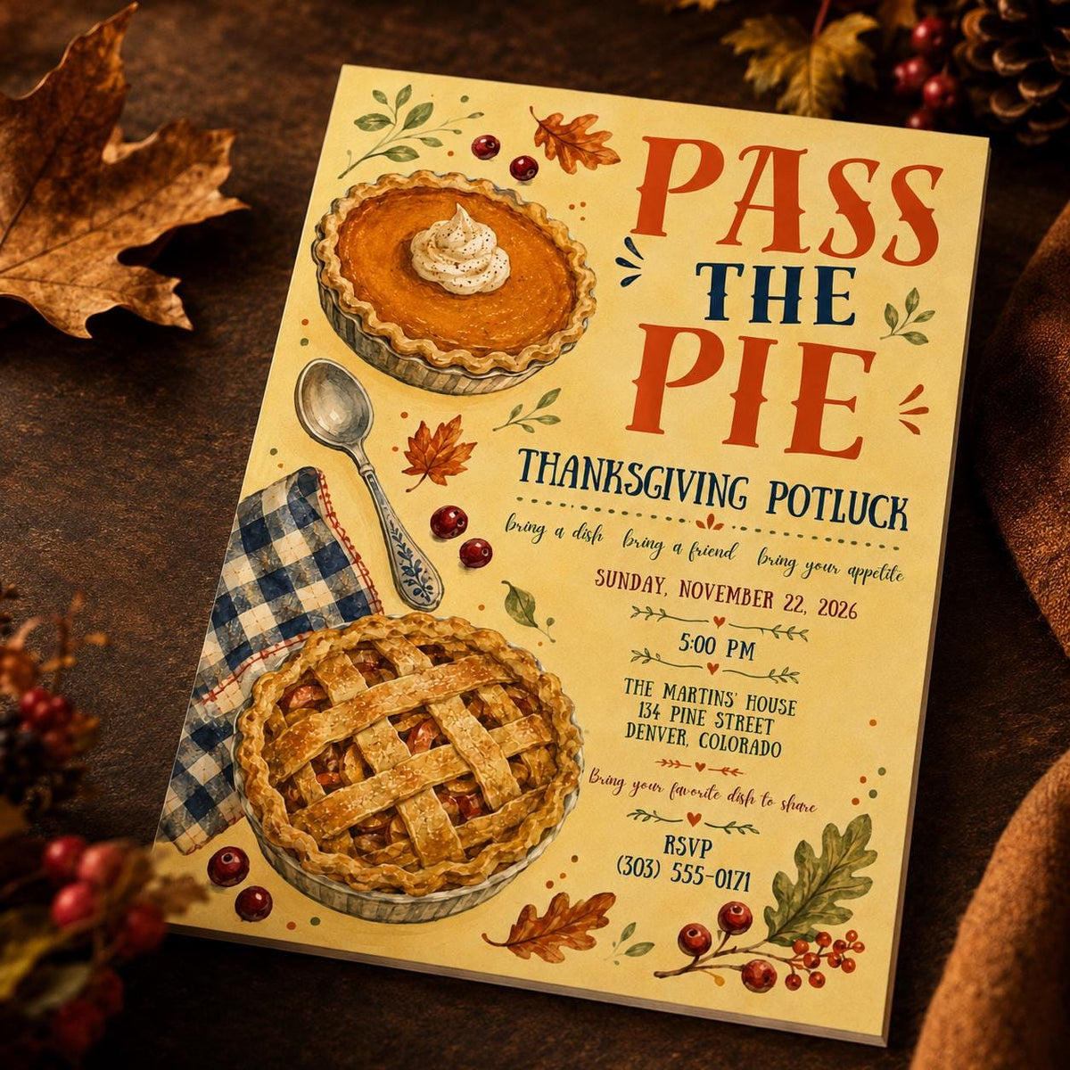 Thanksgiving Potluck Invitation: Pass the Pie Friendsgiving Dinner — Thanksgiving gathering stationery by VoltBy