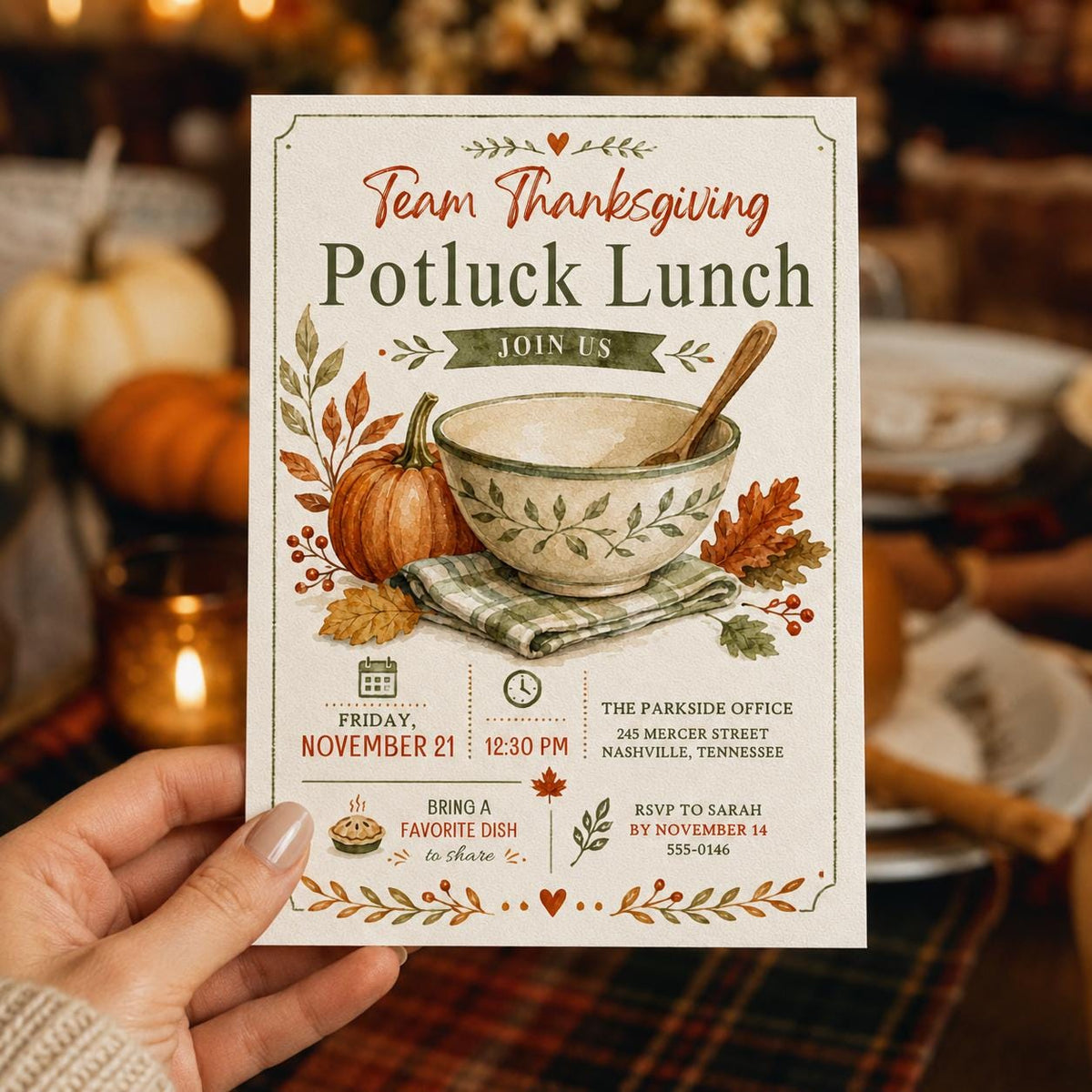 Thanksgiving Potluck Invitation: Team Lunch — print-ready Thanksgiving gathering design from VoltBy