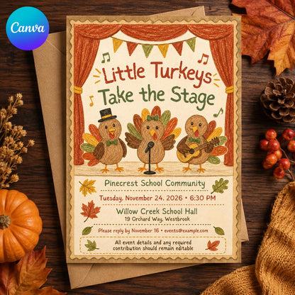 Thanksgiving School Play Invitation — editable Canva template