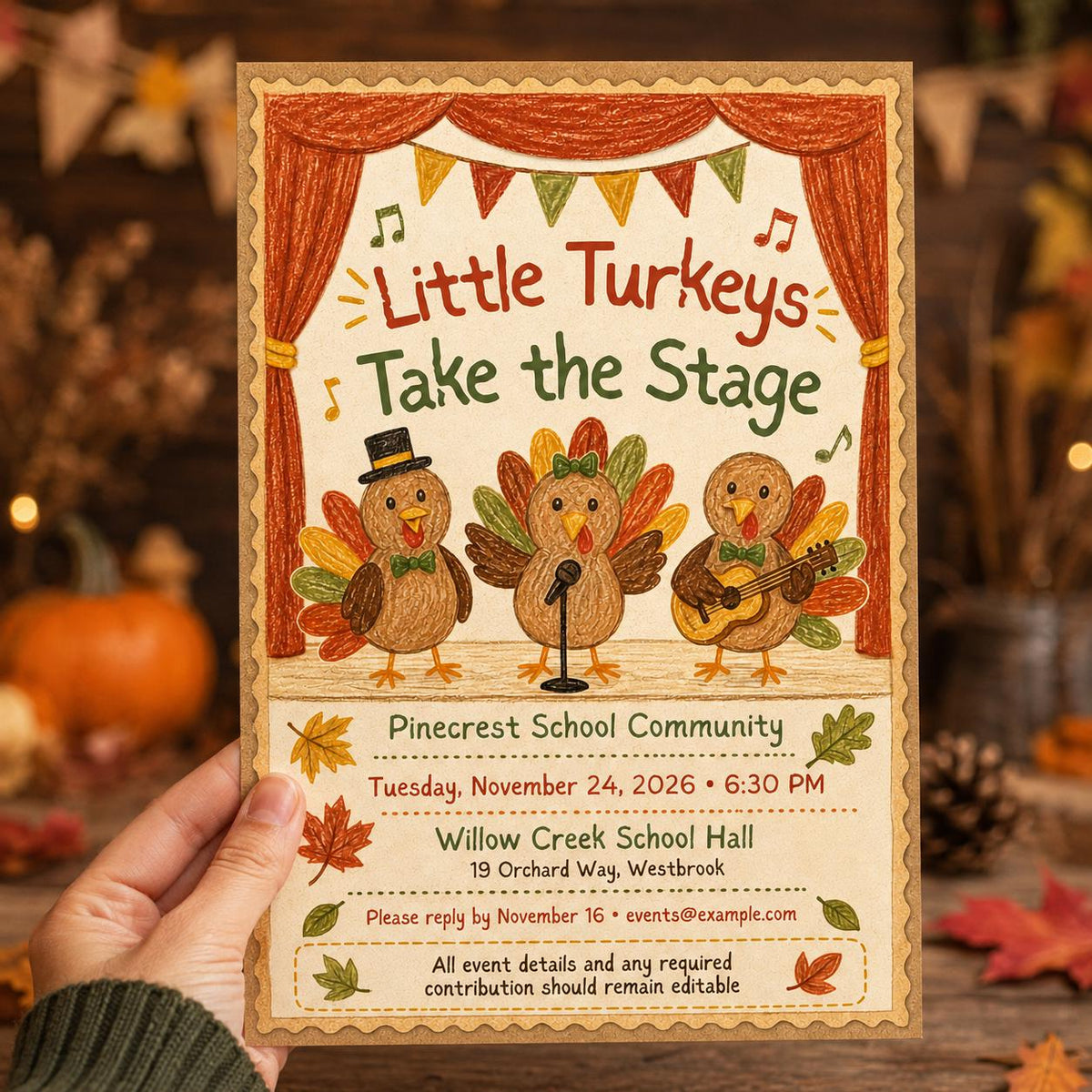 Thanksgiving School Play Invitation — print-ready Thanksgiving gathering design from VoltBy