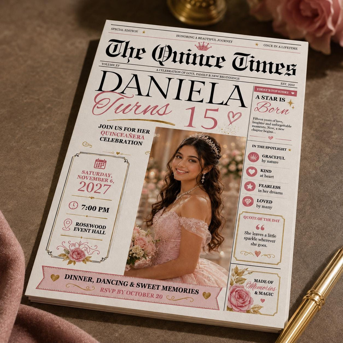 The Quince Times Photo Quinceañera Invitation in black and cream
