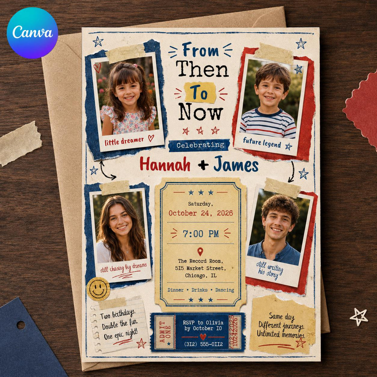 Then and Now Joint Birthday Invitation — editable Canva template