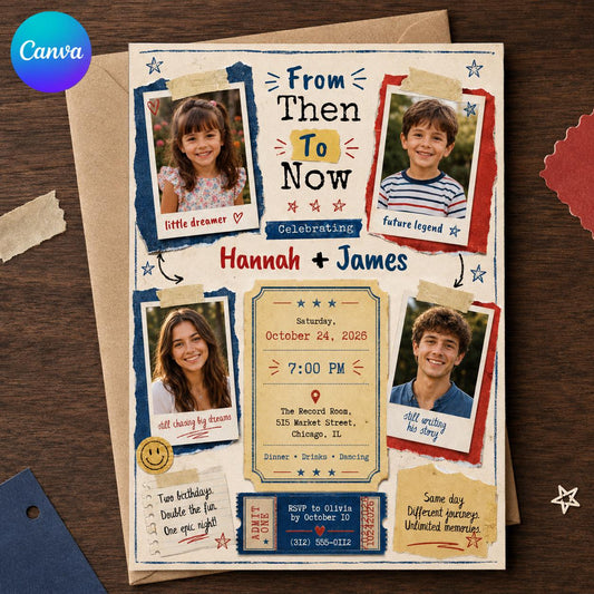 Then and Now Joint Birthday Invitation — editable Canva template