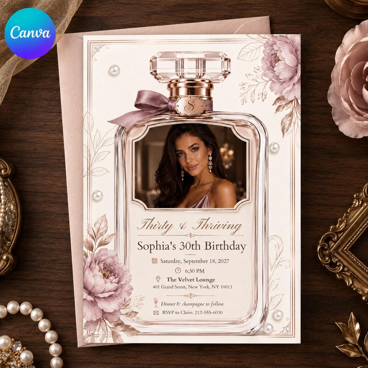 Thirty and Thriving Perfume Bottle Photo Birthday Invitation — editable Canva template