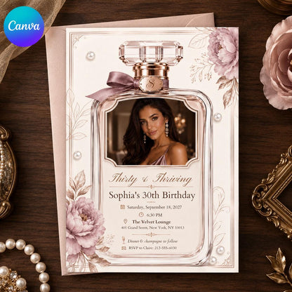Thirty and Thriving Perfume Bottle Photo Birthday Invitation — editable Canva template