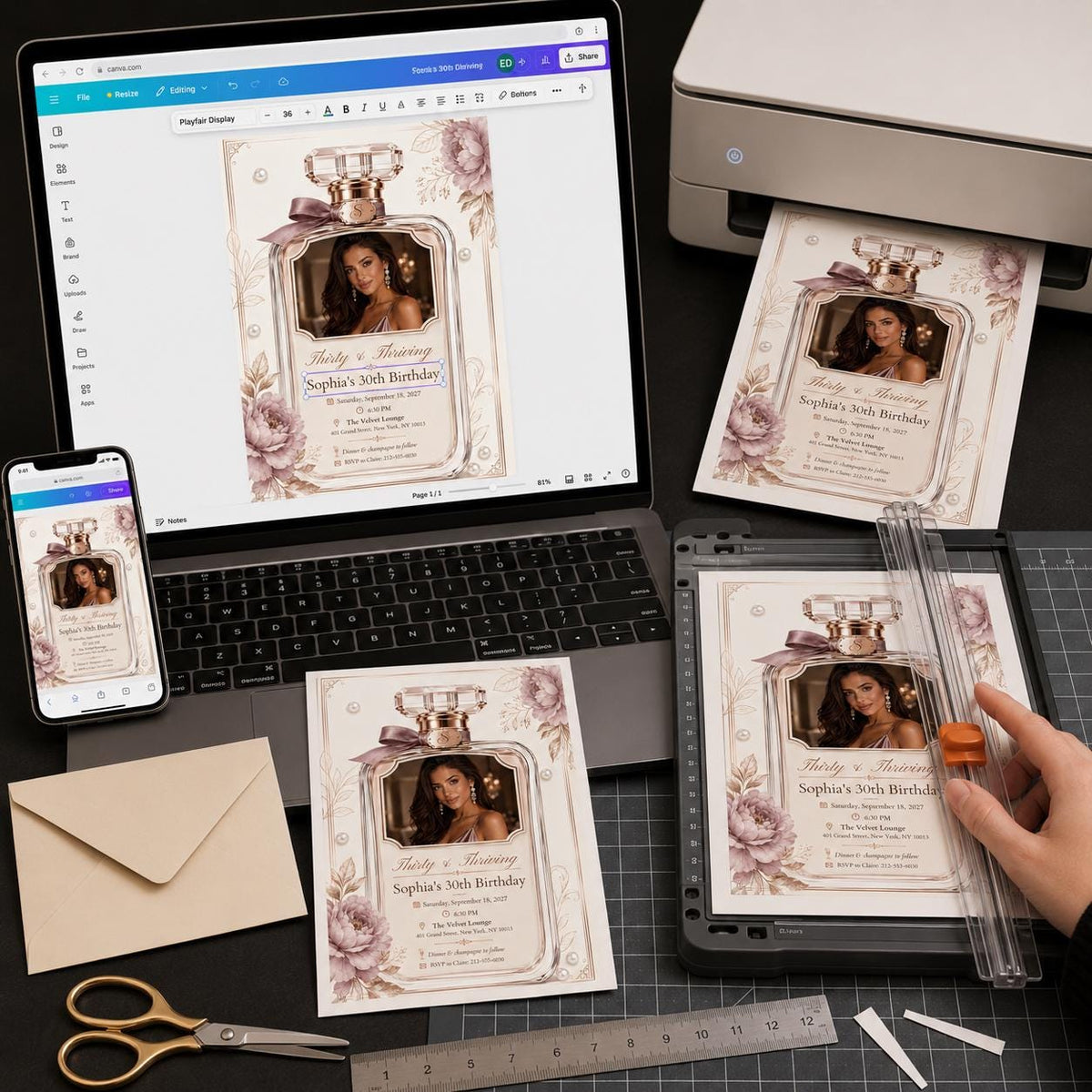 Thirty and Thriving Perfume Bottle Photo Birthday Invitation in brown cream