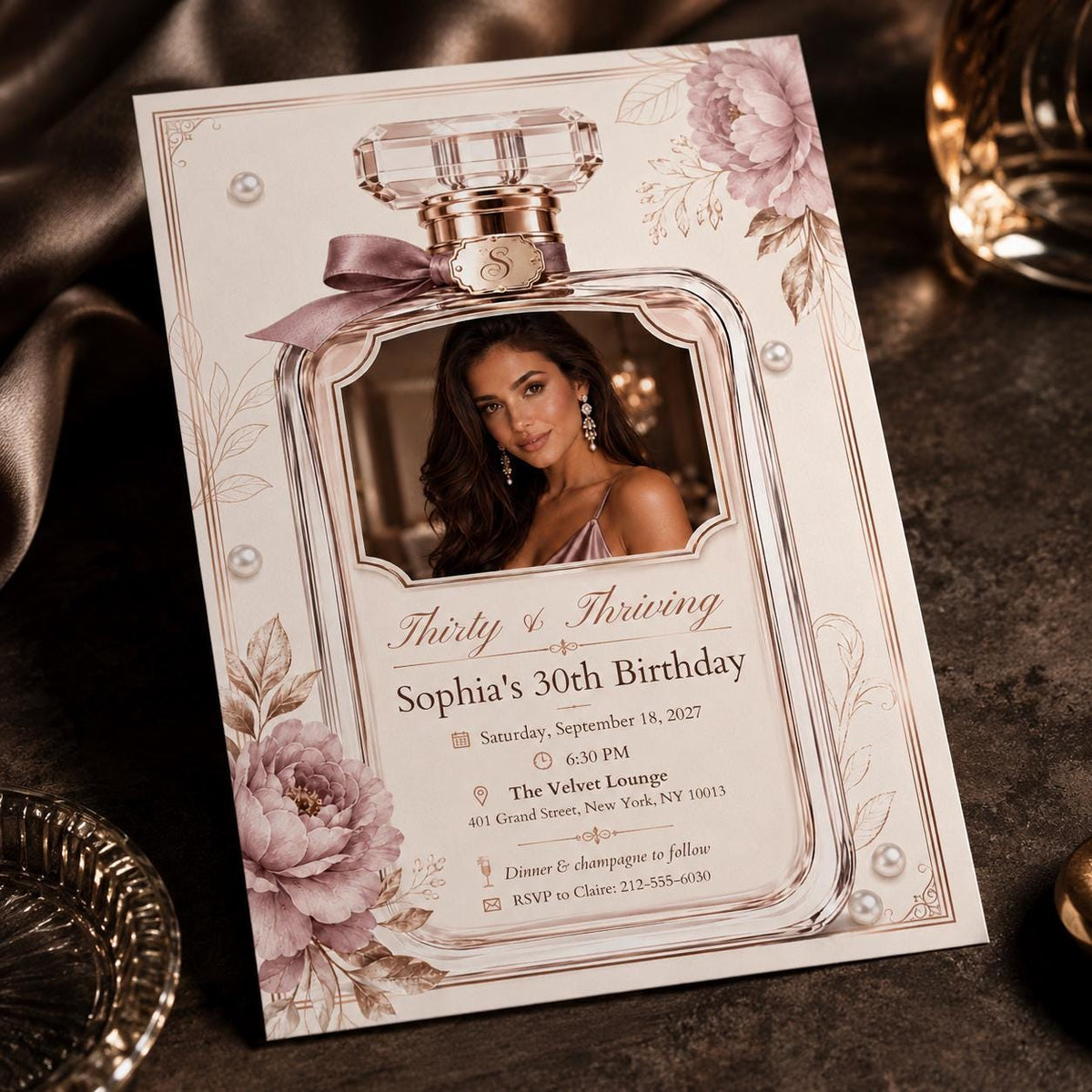 Thirty and Thriving Perfume Bottle Photo Birthday Invitation — bow design