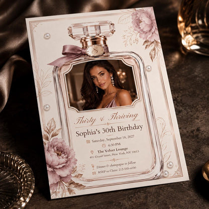 Thirty and Thriving Perfume Bottle Photo Birthday Invitation — bow design