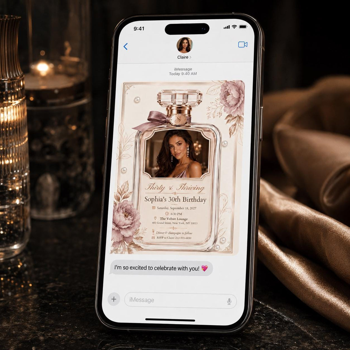 Thirty and Thriving Perfume Bottle Photo Birthday Invitation — invitation you personalize in Canva