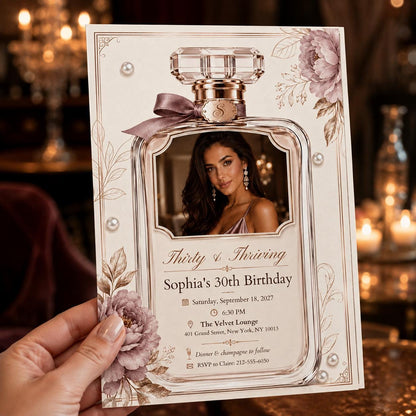 Thirty and Thriving Perfume Bottle Photo Birthday Invitation — vintage 30th birthday party design