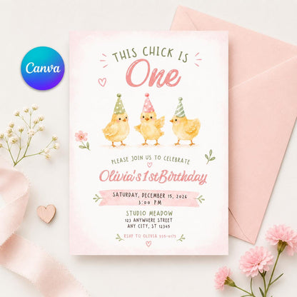 This Chick Is One Birthday Invitation for Girls — editable Canva template