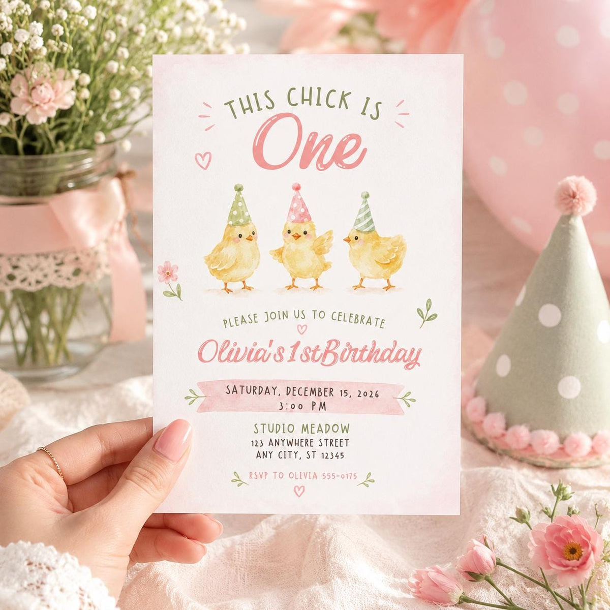 This Chick Is One Birthday Invitation for Girls — print-ready first birthday design from VoltBy