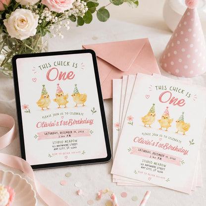 This Chick Is One Birthday Invitation for Girls — digital invitation, instant download