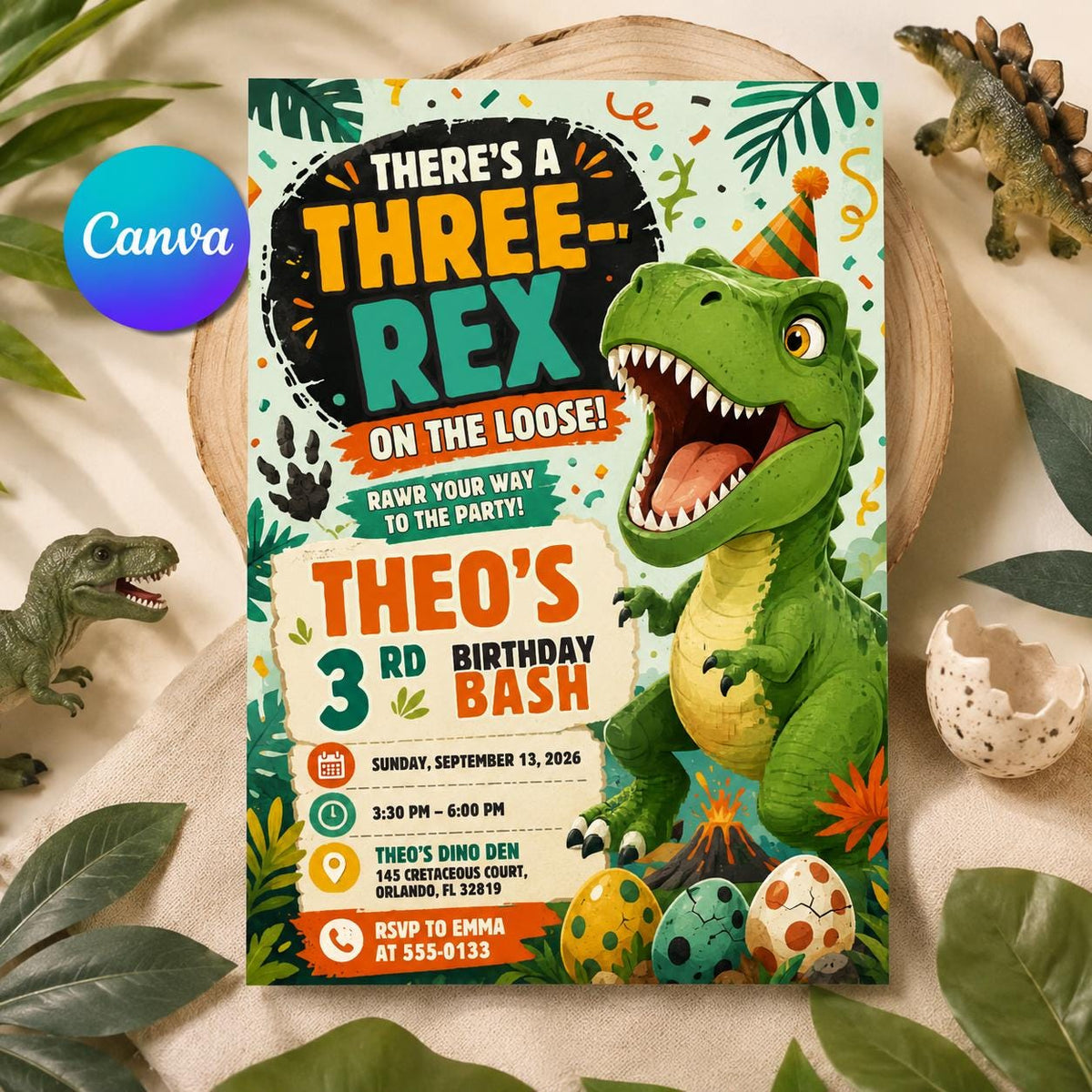 Three Rex Dinosaur 3rd Birthday Invitation for Boys — editable Canva template