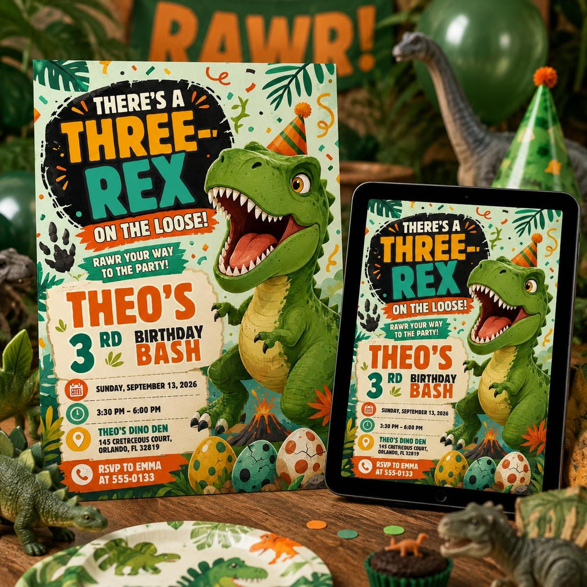 Three Rex Dinosaur 3rd Birthday Invitation for Boys — invitation you personalize in Canva