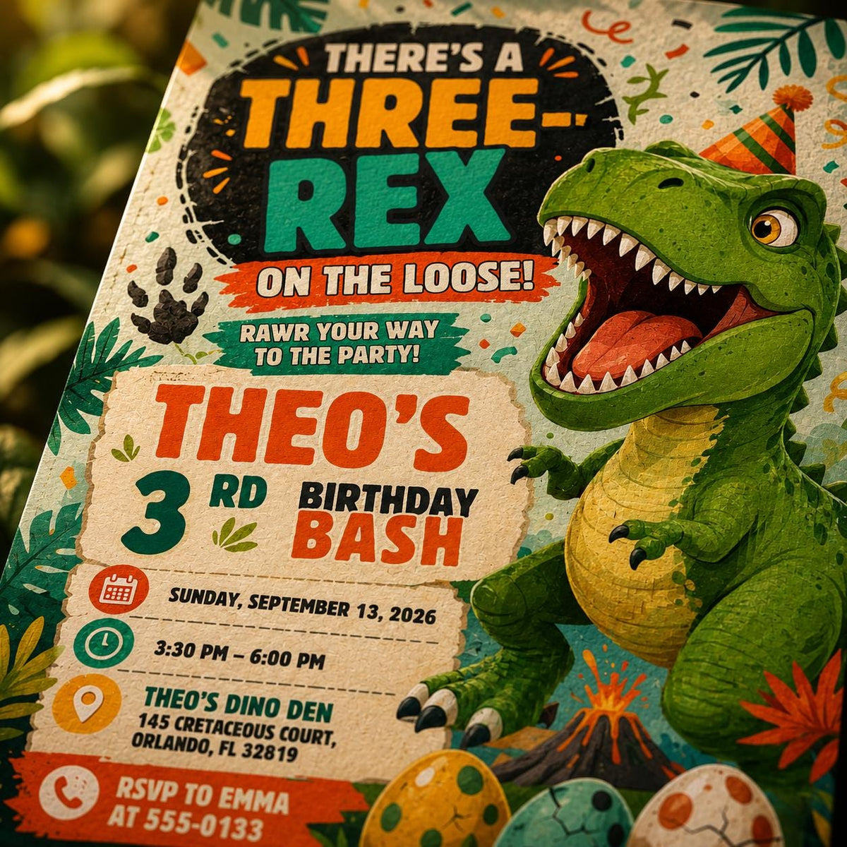 Three Rex Dinosaur 3rd Birthday Invitation for Boys — print-ready 3rd birthday party design from VoltBy