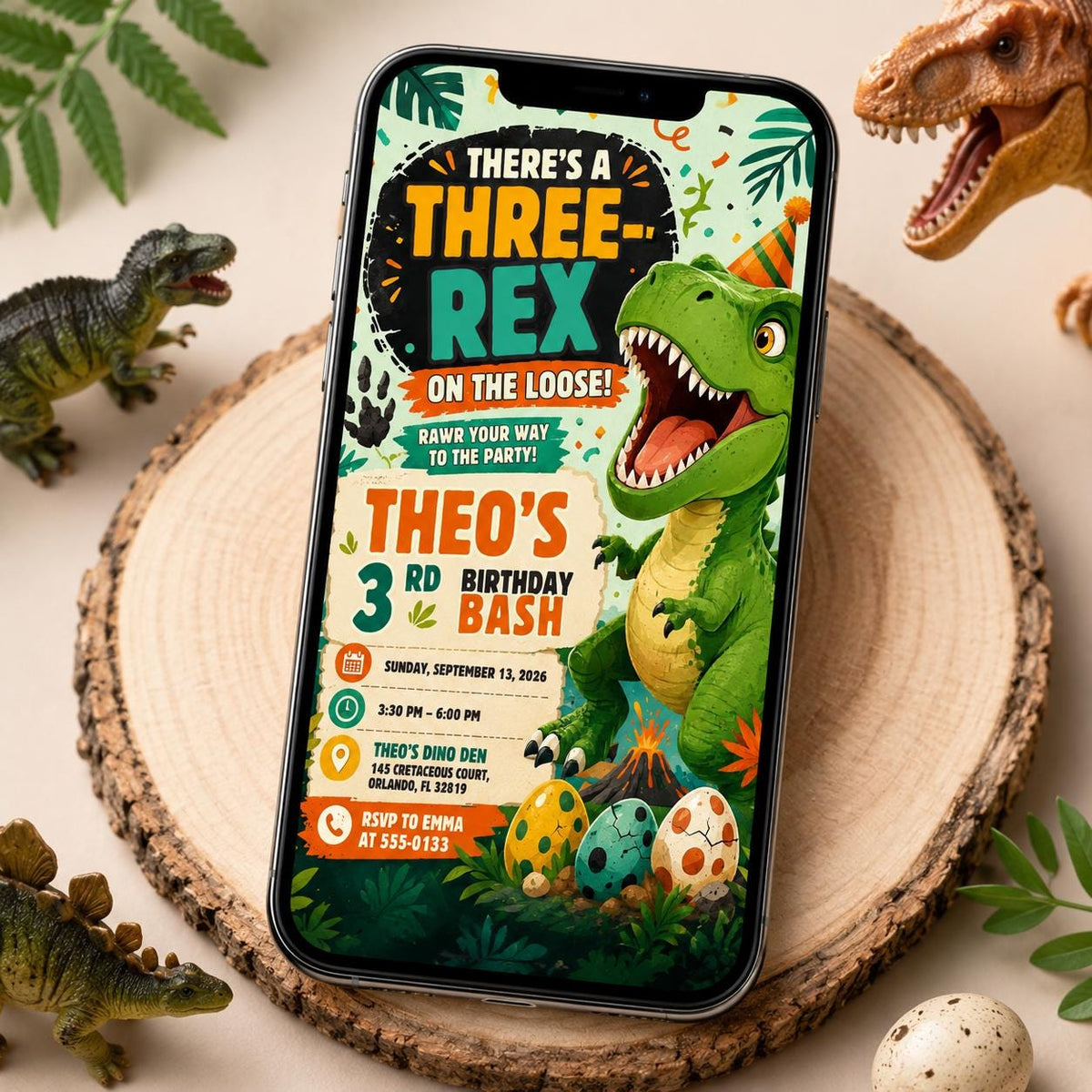 Three Rex Dinosaur 3rd Birthday Invitation for Boys — digital invitation, instant download
