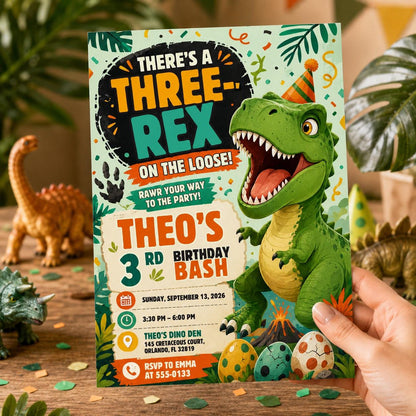 Three Rex Dinosaur 3rd Birthday Invitation for Boys — 3rd birthday party stationery by VoltBy