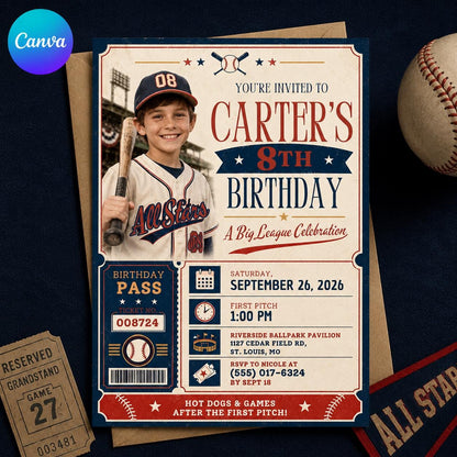 Ticket Baseball 8th Birthday Invitation for Boys — editable Canva template