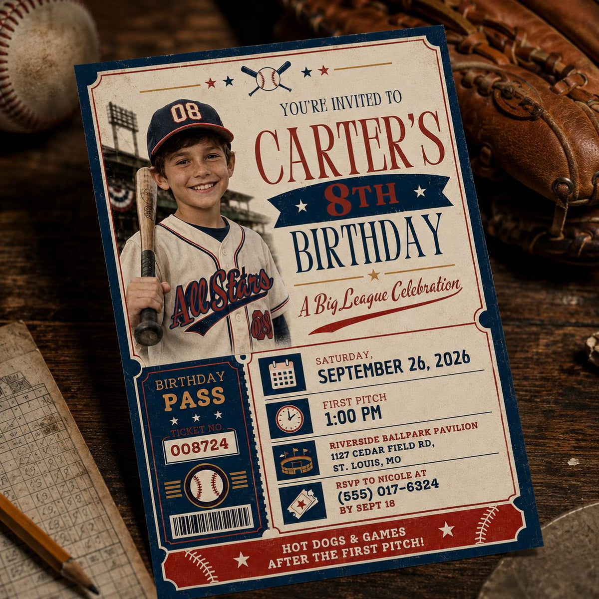Ticket Baseball 8th Birthday Invitation for Boys — sports design