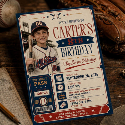 Ticket Baseball 8th Birthday Invitation for Boys — sports design