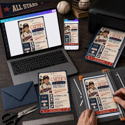 Ticket Baseball 8th Birthday Invitation for Boys — invitation you personalize in Canva