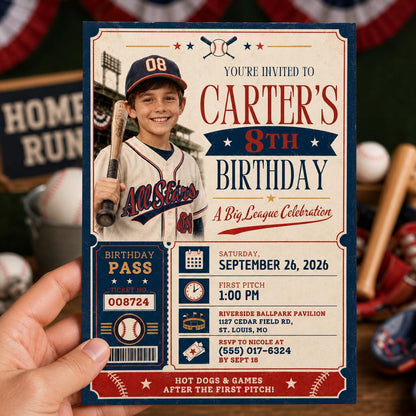 Ticket Baseball 8th Birthday Invitation for Boys — print-ready 8th birthday party design from VoltBy