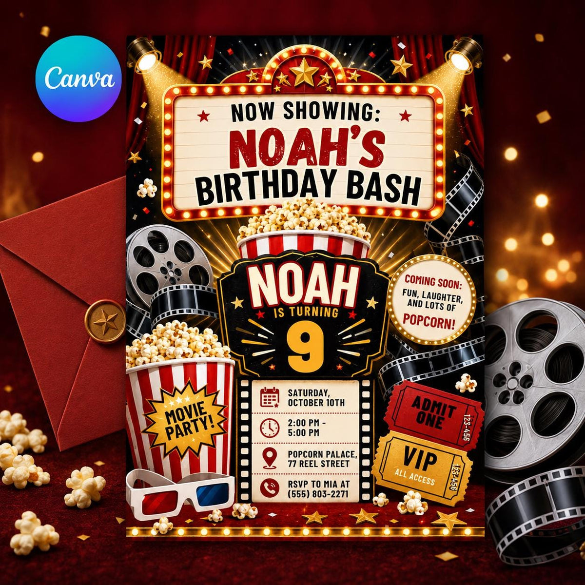 Ticket Movie Birthday Invitation — editable Canva template