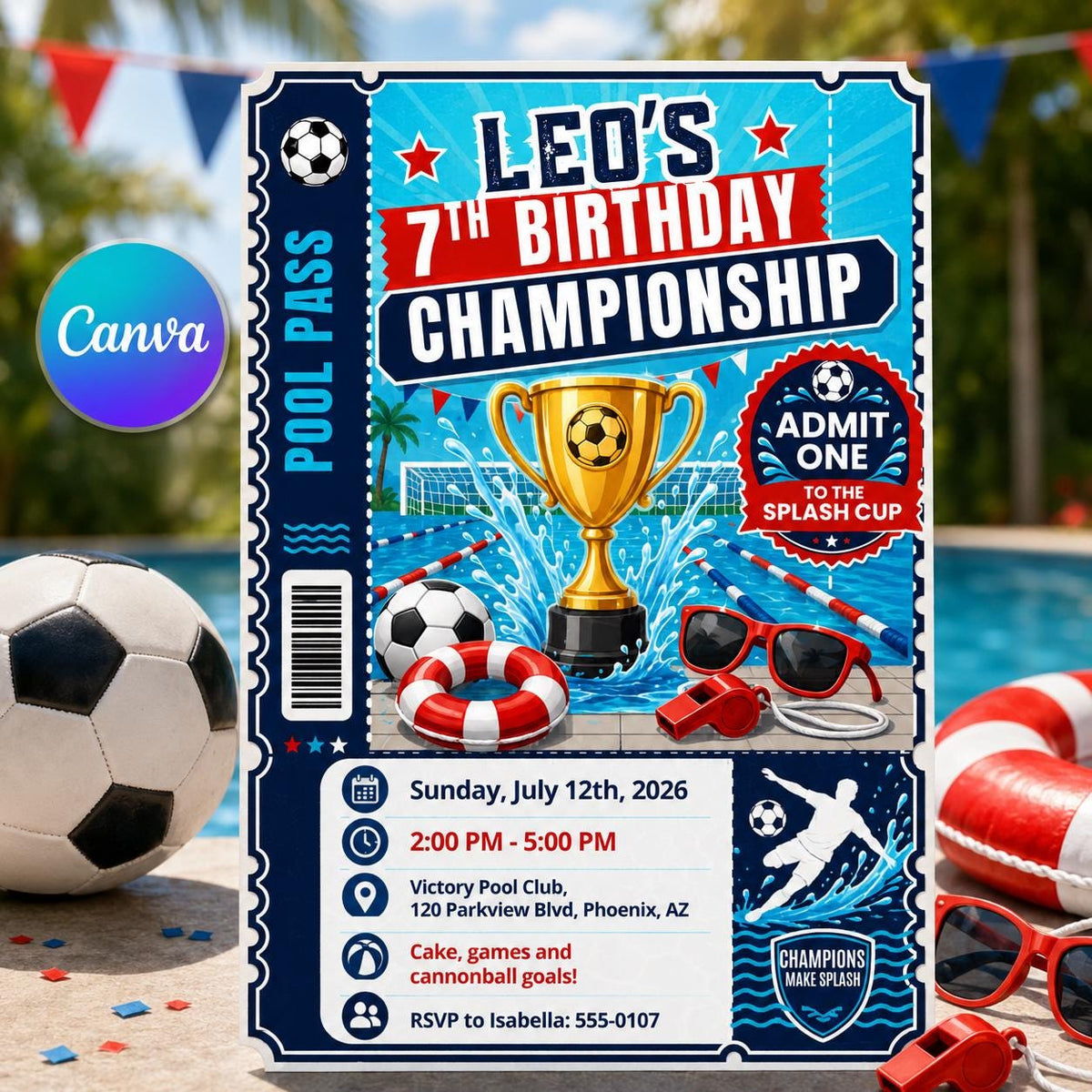 Ticket Pool Pass 7th Birthday Invitation for Boys — editable Canva template